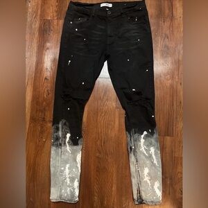 Serenade Men's Black Paint-Splash Skinny Jeans with Washed Gray Hem & Ankle Zipp
